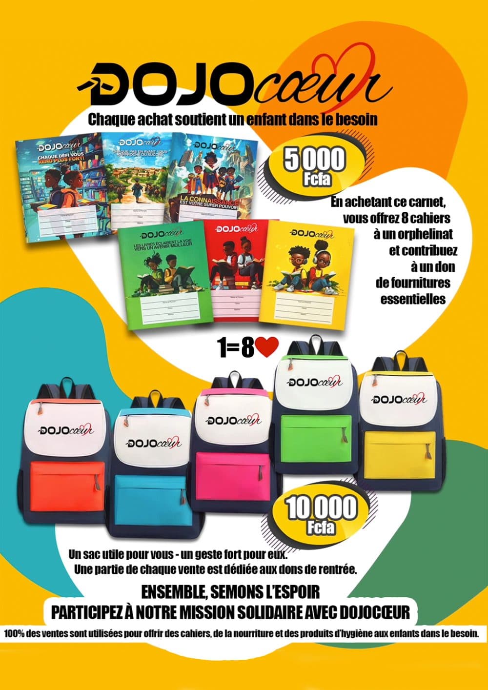 DojoCœur solidarity products poster, notebooks and bags